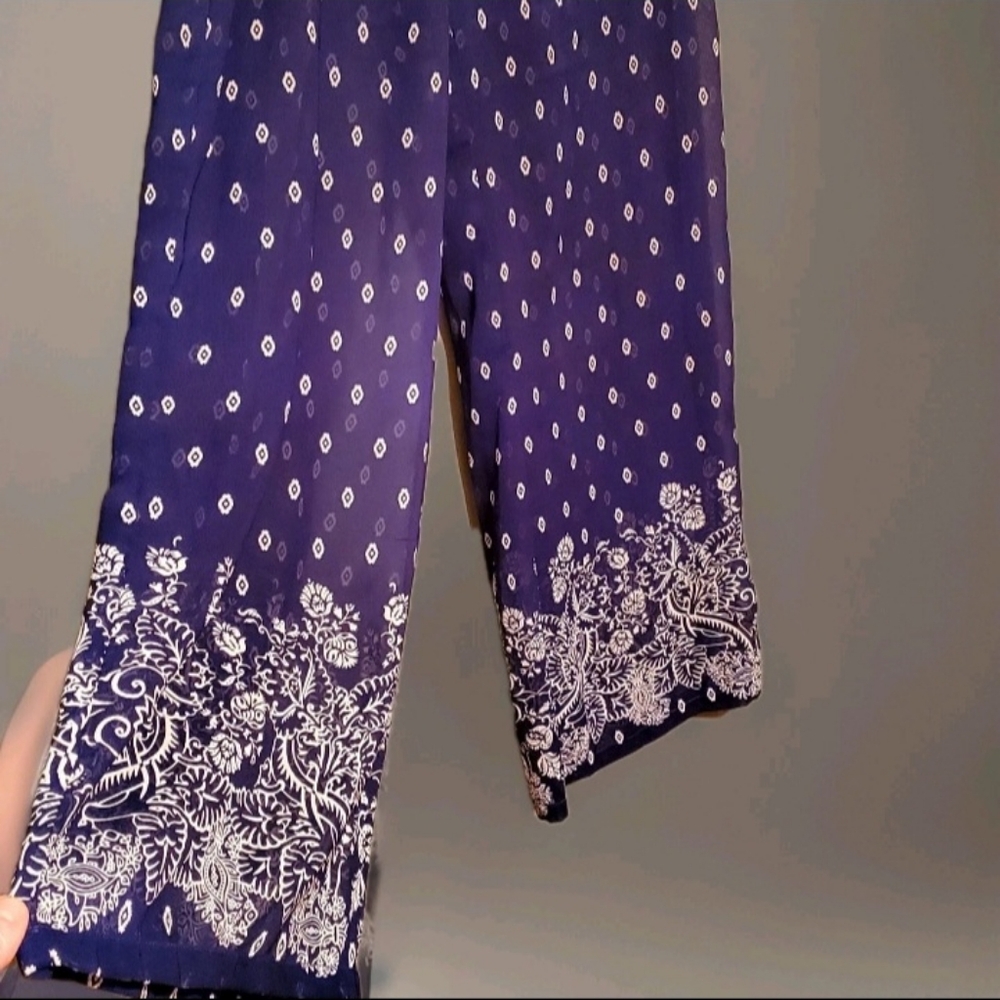 Soulmates Dark Blue & White Sheer Wide Leg Pants With Built In Shorts Sz Large - Picture 3 of 5